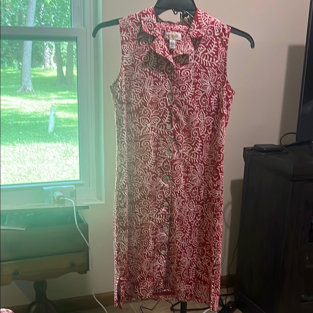 Talbots Red and White Sleeveless Button-Front Midi Dress